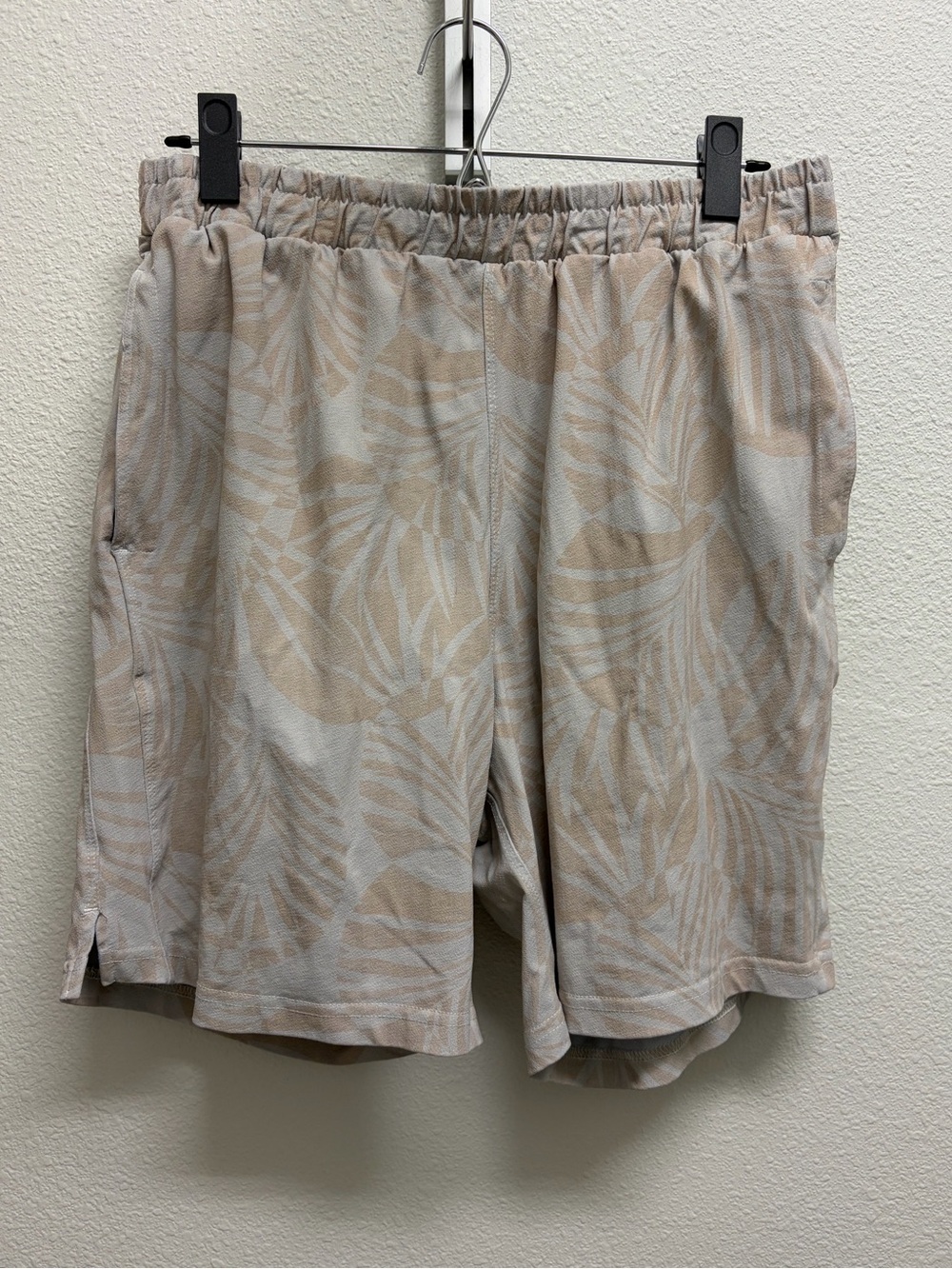 Men's Beige Palm-Print Elastic-Waist Swim Trunks